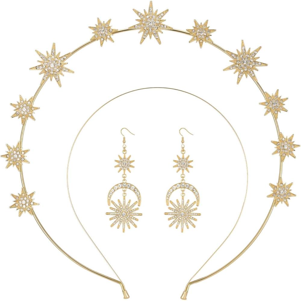 imageSWEETV Gold Halo Crowns for Women Star Tiara and Dangle Earrings Set Wedding Headband Goddess Headpiece for Cosplay Halloween Costume Photoshoot