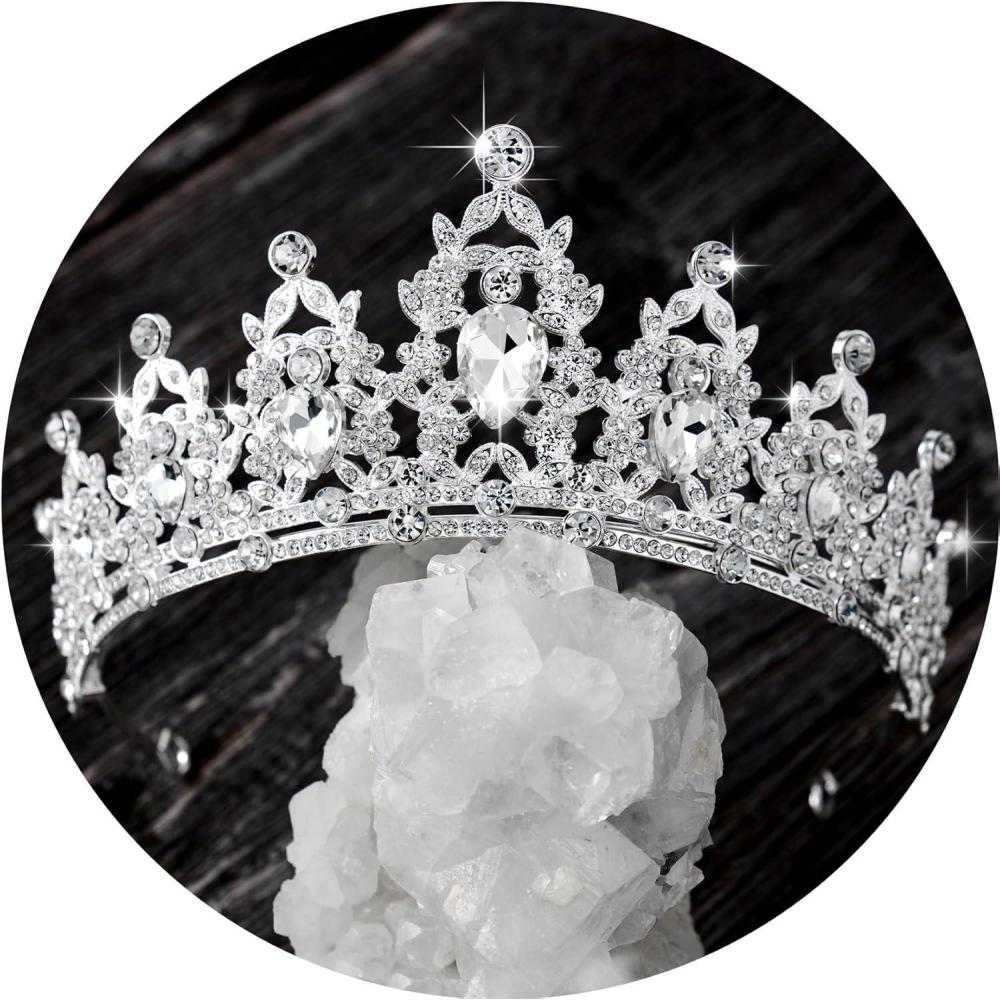 imageSWEETV Jeweled Tiaras and Crowns for Women Crystal Queen Crown Silver Wedding Tiara for Bride Metal Birthday Quinceanera Pageant Prom Headpieces01 Silver