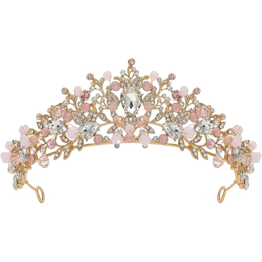 imageSWEETV Jeweled Wedding Tiaras and Crowns for Women Metal Princess Tiara Queen Crown for Bride Bridal Headpieces for Birthday Quinceanera Pageant PromGoldPink