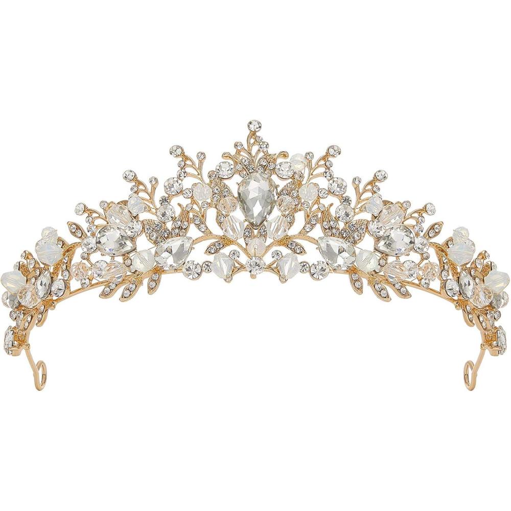 imageSWEETV Jeweled Wedding Tiaras and Crowns for Women Metal Princess Tiara Queen Crown for Bride Bridal Headpieces for Birthday Quinceanera Pageant PromGoldClear