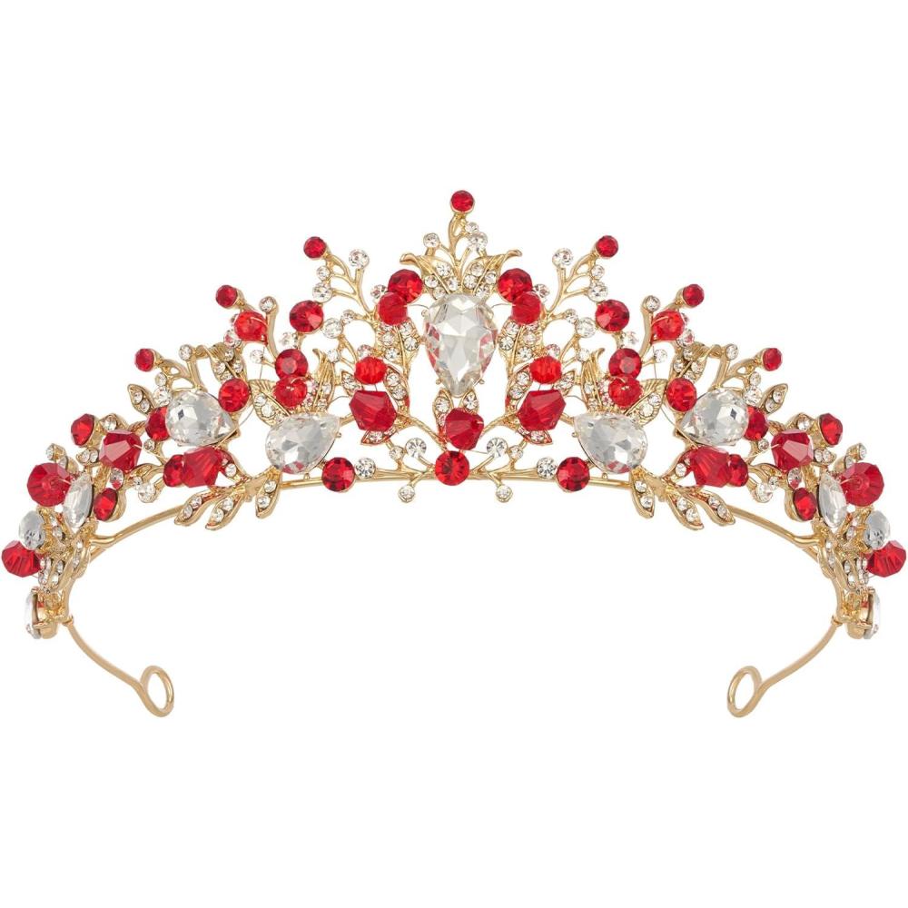 imageSWEETV Jeweled Wedding Tiaras and Crowns for Women Metal Princess Tiara Queen Crown for Bride Bridal Headpieces for Birthday Quinceanera Pageant PromGoldRed