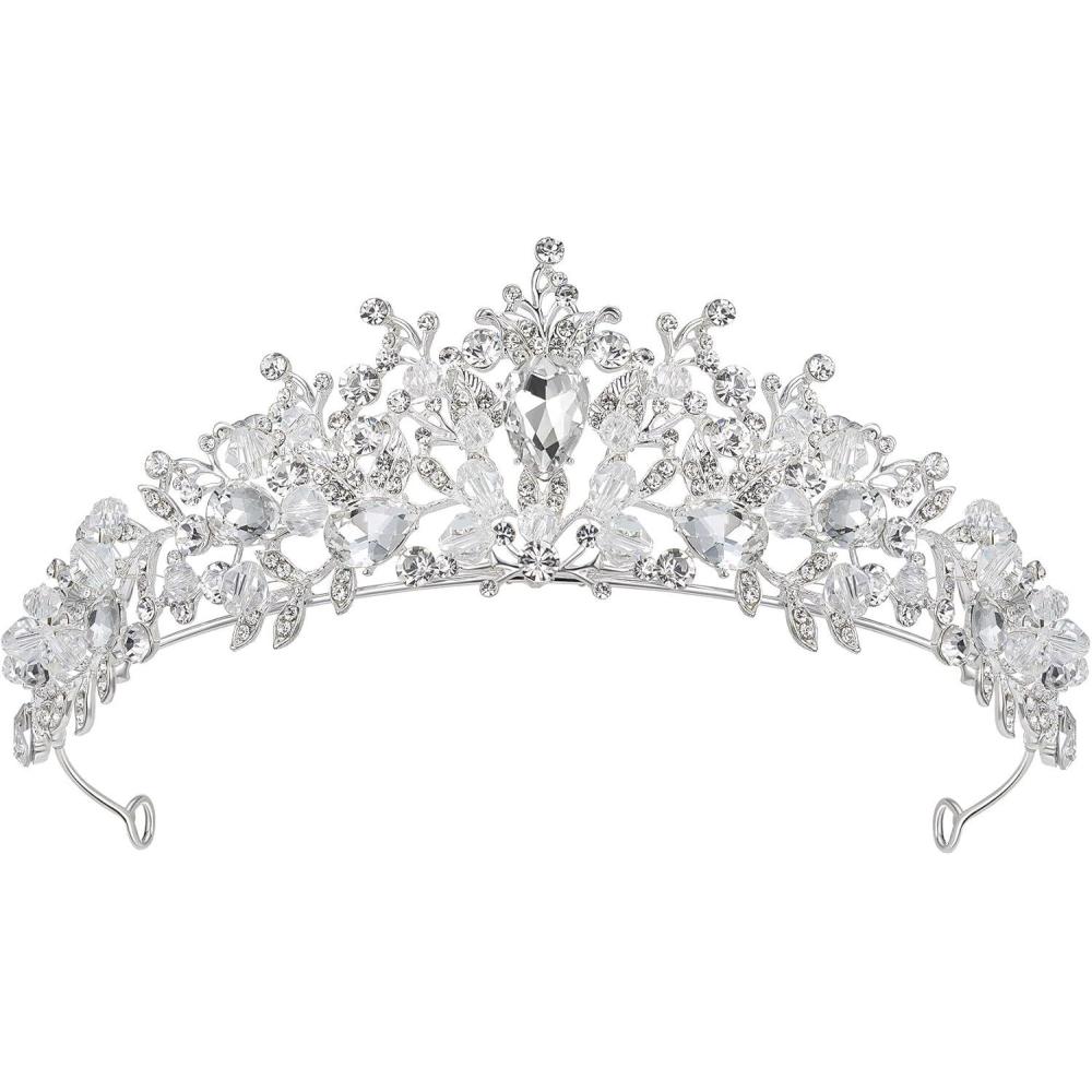 imageSWEETV Jeweled Wedding Tiaras and Crowns for Women Metal Princess Tiara Queen Crown for Bride Bridal Headpieces for Birthday Quinceanera Pageant PromSilverClear