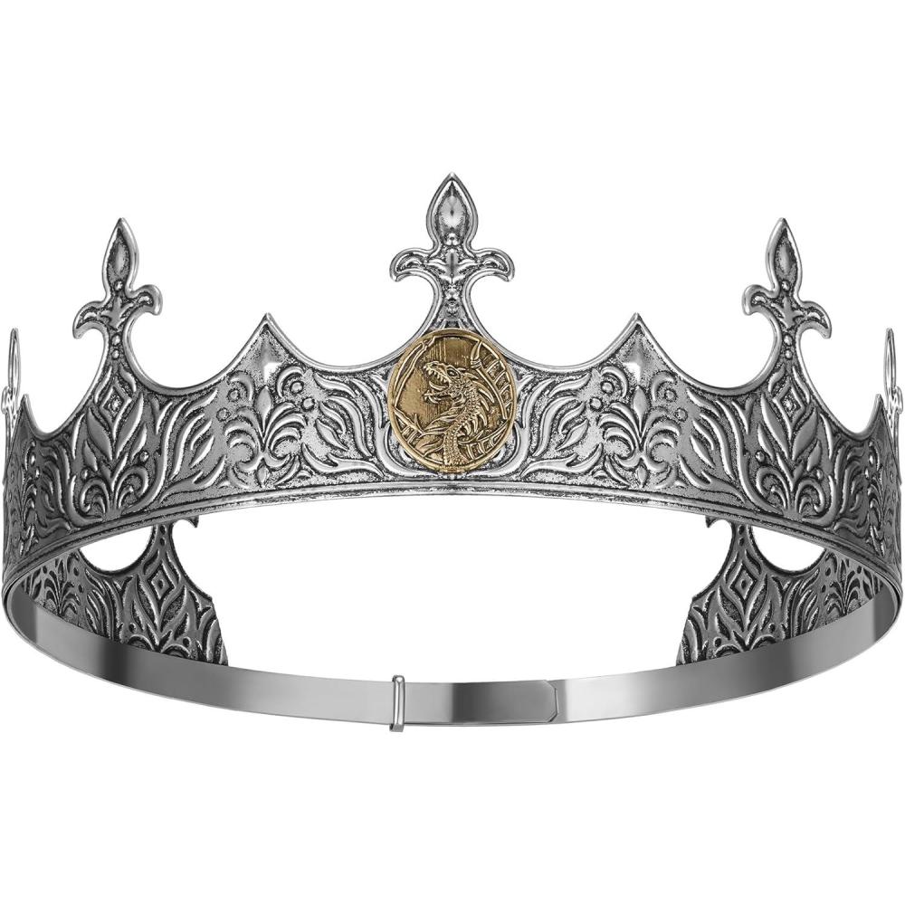 imageSWEETV King Crown for Men Crown for Male Antique Silver Mens Tiara Prince Diadem Royal Medieval Costume Hair Accessories for Cosplay Birthday Knight HalloweenDragon