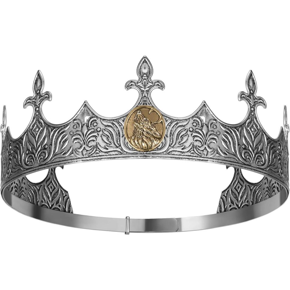 imageSWEETV King Crown for Men Crown for Male Antique Silver Mens Tiara Prince Diadem Royal Medieval Costume Hair Accessories for Cosplay Birthday Knight HalloweenWolf