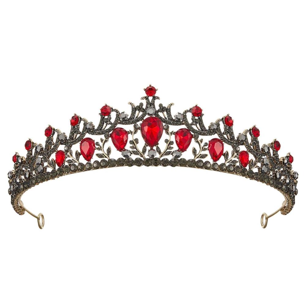 imageSWEETV Red Tiaras and Crowns for Women Wedding Tiara for Bride Crystal Princess Crown Birthday Headpiece Old Gold Prom Party Celebration Costume Hair AccessoriesLia