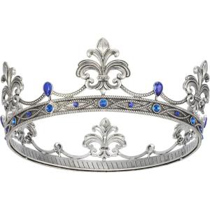 imageSWEETV Fleurdelis King Crown for Men Royal Prince Tiara Headwear for Medieval RoyalcoreKnightVikingHalloween CostumeAntique Silver Blue
