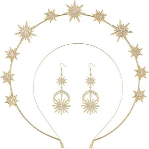 imageSWEETV Gold Halo Crowns for Women Star Tiara and Dangle Earrings Set Wedding Headband Goddess Headpiece for Cosplay Halloween Costume Photoshoot