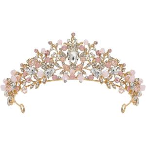 imageSWEETV Jeweled Wedding Tiaras and Crowns for Women Metal Princess Tiara Queen Crown for Bride Bridal Headpieces for Birthday Quinceanera Pageant PromGoldPink