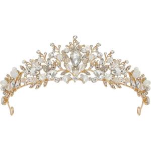 imageSWEETV Jeweled Wedding Tiaras and Crowns for Women Metal Princess Tiara Queen Crown for Bride Bridal Headpieces for Birthday Quinceanera Pageant PromGoldClear