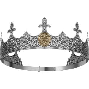 imageSWEETV King Crown for Men Crown for Male Antique Silver Mens Tiara Prince Diadem Royal Medieval Costume Hair Accessories for Cosplay Birthday Knight HalloweenLion