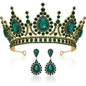 imageSWEETV Baroque Tiaras and Crowns for Women Crystal Wedding Tiara for Bride Crown Earrings Jewelry SetGreen