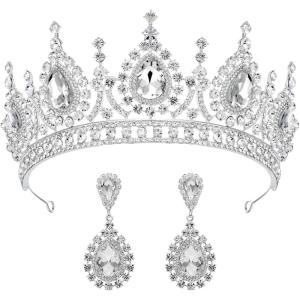 imageSWEETV Baroque Tiaras and Crowns for Women Crystal Wedding Tiara for Bride Crown Earrings Jewelry SetSilver