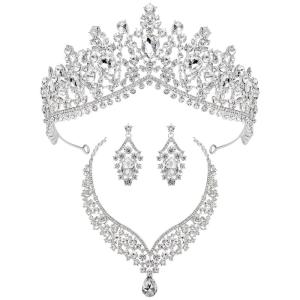 imageSWEETV Baroque Wedding Crown for Bride 3pack Tiara Earrings Necklace Bridal Jewelry Set Gold Green Crystal Costume Party Birthday Prom Pageant Jewelry for Women for Ages 15 GenesisSilver