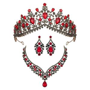 imageSWEETV Baroque Wedding Crown for Bride 3pack Tiara Earrings Necklace Bridal Jewelry Set Gold Green Crystal Costume Party Birthday Prom Pageant Jewelry for Women for Ages 15 GenesisRed
