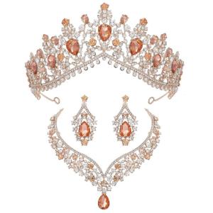 imageSWEETV Baroque Wedding Crown for Bride 3pack Tiara Earrings Necklace Bridal Jewelry Set Gold Green Crystal Costume Party Birthday Prom Pageant Jewelry for Women for Ages 15 GenesisRose Gold