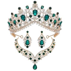 imageSWEETV Baroque Wedding Crown for Bride 3pack Tiara Earrings Necklace Bridal Jewelry Set Gold Green Crystal Costume Party Birthday Prom Pageant Jewelry for Women for Ages 15 GenesisGreen