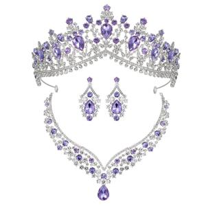 imageSWEETV Baroque Wedding Crown for Bride 3pack Tiara Earrings Necklace Bridal Jewelry Set Gold Green Crystal Costume Party Birthday Prom Pageant Jewelry for Women for Ages 15 GenesisPurple