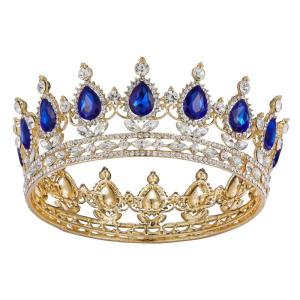 imageSWEETV Crystal Queen Crown for Women Rhinestone Wedding Tiara Headband Full Round Princess Crown Hair Accessories for Prom Birthday Costume Party Royal BlueGoldRoyal BlueGold