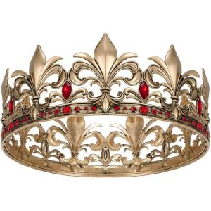imageSWEETV King Crown for MenGold Mens Tiara Prince DiademRoyal Medieval Cosplay Birthday Prom Halloween Hair AccessoriesOld Gold Red 1