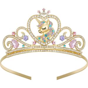 imageSWEETV Unicorn Princess Tiaras for Girls Crystal Kids Crown Headband Birthday Party Hats Halloween Costume Hair Accessories01Gold