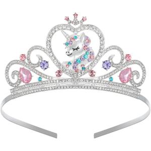 imageSWEETV Unicorn Princess Tiaras for Girls Crystal Kids Crown Headband Birthday Party Hats Halloween Costume Hair Accessories01Silver