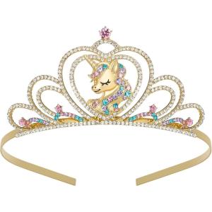 imageSWEETV Unicorn Princess Tiaras for Girls Crystal Kids Crown Headband Birthday Party Hats Halloween Costume Hair Accessories02Gold
