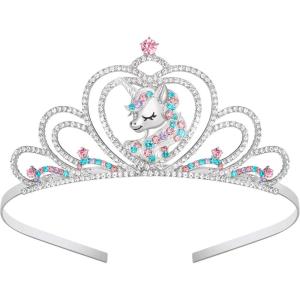 imageSWEETV Unicorn Princess Tiaras for Girls Crystal Kids Crown Headband Birthday Party Hats Halloween Costume Hair Accessories02Silver