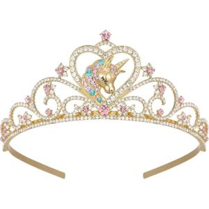 imageSWEETV Unicorn Princess Tiaras for Girls Crystal Kids Crown Headband Birthday Party Hats Halloween Costume Hair AccessoriesGold