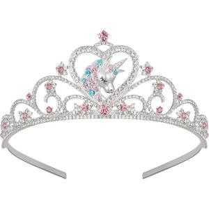 imageSWEETV Unicorn Princess Tiaras for Girls Crystal Kids Crown Headband Birthday Party Hats Halloween Costume Hair AccessoriesSilver