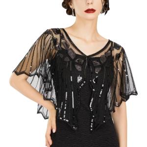 imageSWEETV Womens 1920s Shawl WrapsSequin Beaded Flapper Evening Shawls for women formalPartyWeddingFormalHarlem nightBlack 3