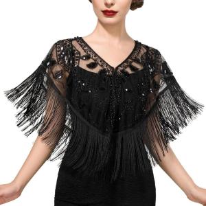 imageSWEETV Womens 1920s Shawl WrapsSequin Beaded Flapper Evening Shawls for women formalPartyWeddingFormalHarlem nightBlack 4