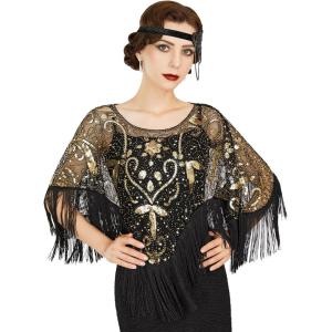 imageSWEETV Womens 1920s Shawl WrapsSequin Beaded Flapper Evening Shawls for women formalPartyWeddingFormalHarlem nightBlack Gold 3
