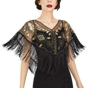 imageSWEETV Womens 1920s Shawl WrapsSequin Beaded Flapper Evening Shawls for women formalPartyWeddingFormalHarlem nightBlack Gold
