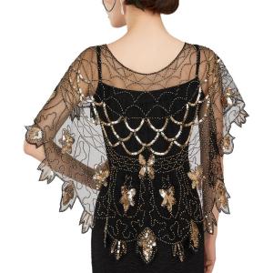imageSWEETV Womens 1920s Shawl WrapsSequin Beaded Flapper Evening Shawls for women formalPartyWeddingFormalHarlem nightBlack Gold 4