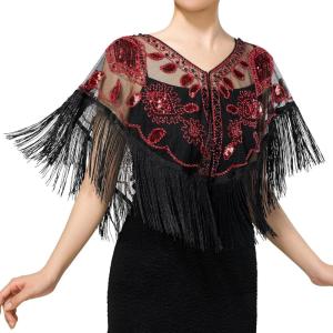 imageSWEETV Womens 1920s Shawl WrapsSequin Beaded Flapper Evening Shawls for women formalPartyWeddingFormalHarlem nightBlack Red