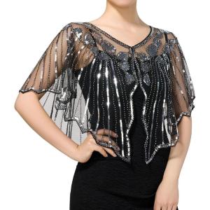 imageSWEETV Womens 1920s Shawl WrapsSequin Beaded Flapper Evening Shawls for women formalPartyWeddingFormalHarlem nightBlack Silver