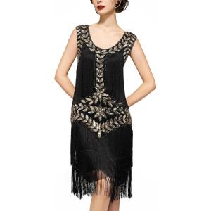 imageSWEETV 1920s Sleeveless Flapper Dresses Scoop Neck Great Gatsby Dresses Fringed Sequin Roaring 20s Dress Cocktail DressBlack