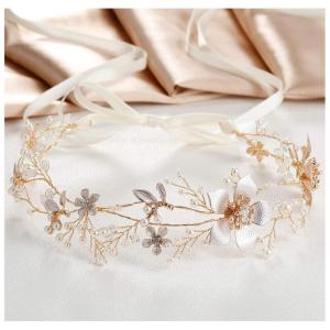 imageSWEETV Gold Wedding Headband Pearl Flower Bridal Headpieces for Wedding Crystal Hair Accessories for Women Girls Hair VineGold