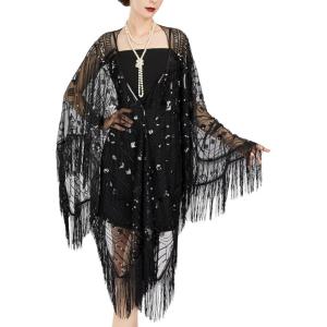 imageSWEETV Womens 1920s Long Shawl WrapsSequin Flapper Evening Shawls for women formalPartyWeddingFormalHarlem nightBlack 2
