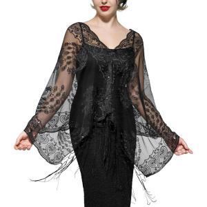 imageSWEETV Womens 1920s Long Shawl WrapsSequin Flapper Evening Shawls for women formalPartyWeddingFormalHarlem nightBlack 3