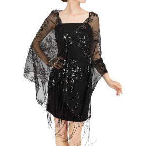 imageSWEETV Womens 1920s Long Shawl WrapsSequin Flapper Evening Shawls for women formalPartyWeddingFormalHarlem nightBlack