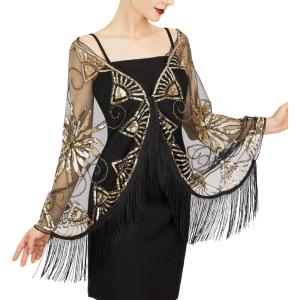 imageSWEETV Womens 1920s Long Shawl WrapsSequin Flapper Evening Shawls for women formalPartyWeddingFormalHarlem nightBlack Gold 2