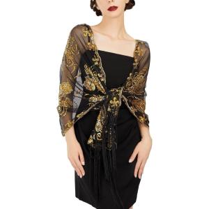 imageSWEETV Womens 1920s Long Shawl WrapsSequin Flapper Evening Shawls for women formalPartyWeddingFormalHarlem nightBlack Gold