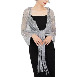 imageSWEETV Womens 1920s Long Shawl WrapsSequin Flapper Evening Shawls for women formalPartyWeddingFormalHarlem nightSilver Grey
