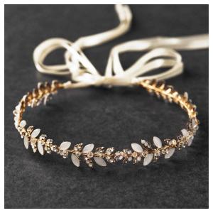 imageSWEETV Leaf Bridal Headpieces for Wedding Headband Crystal Opal Bridal Hair Accessories Flower Girl Brides Hair Pieces GoldGold