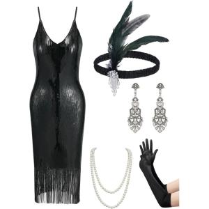 imageYESSA Flapper Dresses 1920s Gatsby Dresses for Women Roaring 20s Costumes Great Gatsby Outfits with 20s Accessories SetBlack