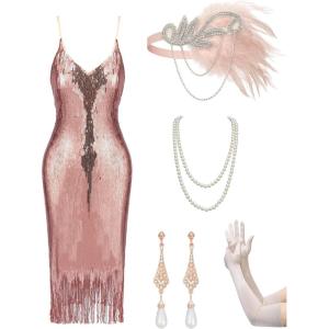 imageYESSA Flapper Dresses 1920s Gatsby Dresses for Women Roaring 20s Costumes Great Gatsby Outfits with 20s Accessories SetElegant Champagne Pink