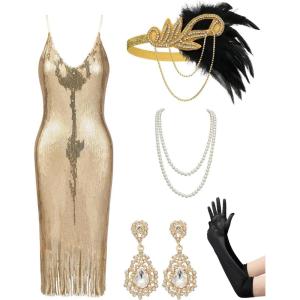 imageYESSA Flapper Dresses 1920s Gatsby Dresses for Women Roaring 20s Costumes Great Gatsby Outfits with 20s Accessories SetElegant Gold