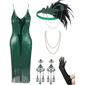 imageYESSA Flapper Dresses 1920s Gatsby Dresses for Women Roaring 20s Costumes Great Gatsby Outfits with 20s Accessories SetMalachite Green