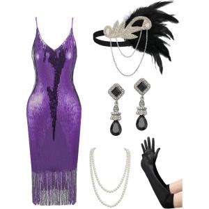 imageYESSA Flapper Dresses 1920s Gatsby Dresses for Women Roaring 20s Costumes Great Gatsby Outfits with 20s Accessories SetPurple